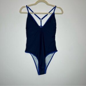NWT Cupshe Navy One Piece Swimsuit Low Front High Hip Cage Back Size Medium
